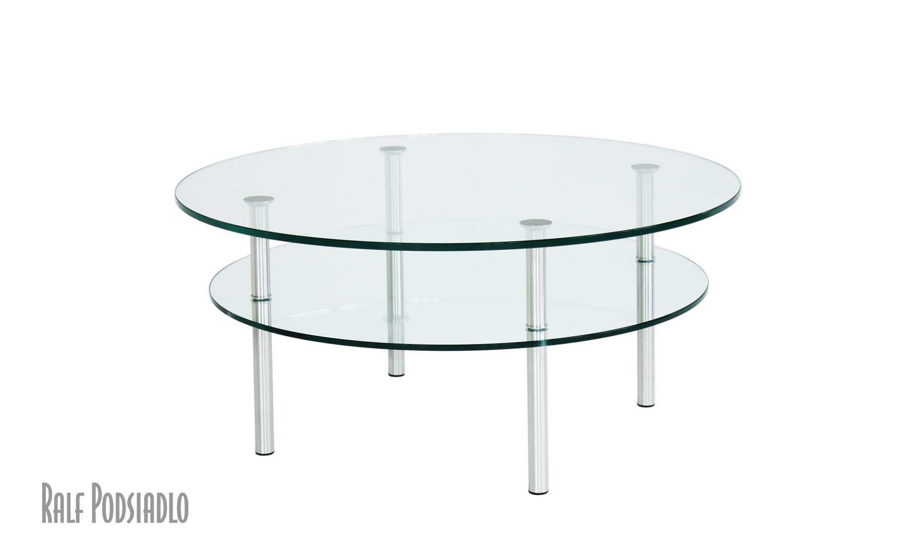 runder Couchtisch aus Glas mit Glasablage, Edelstahl gebürstet