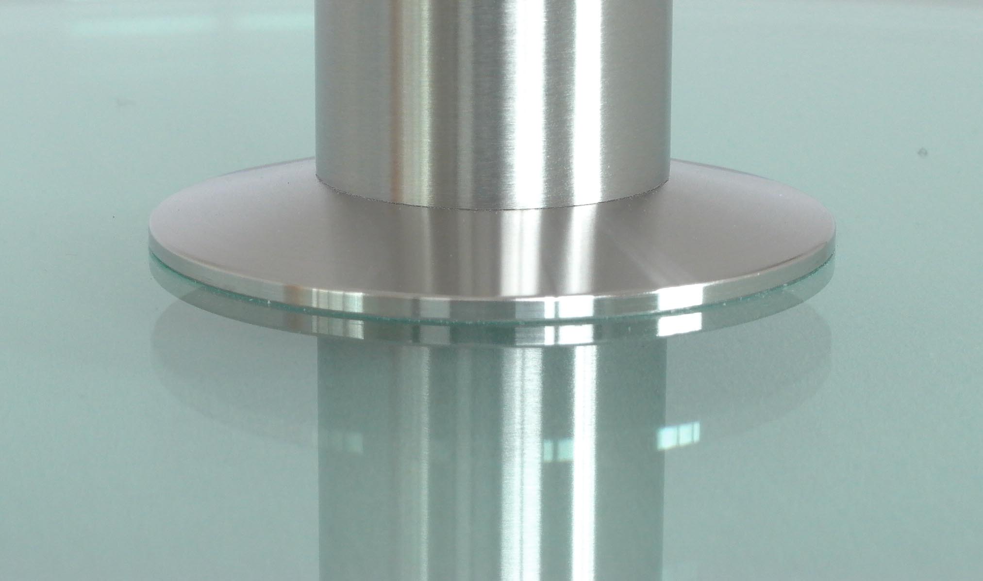 Beistelltische nach Maß, Bodenplatte aus Glas, Säule Edelstahl