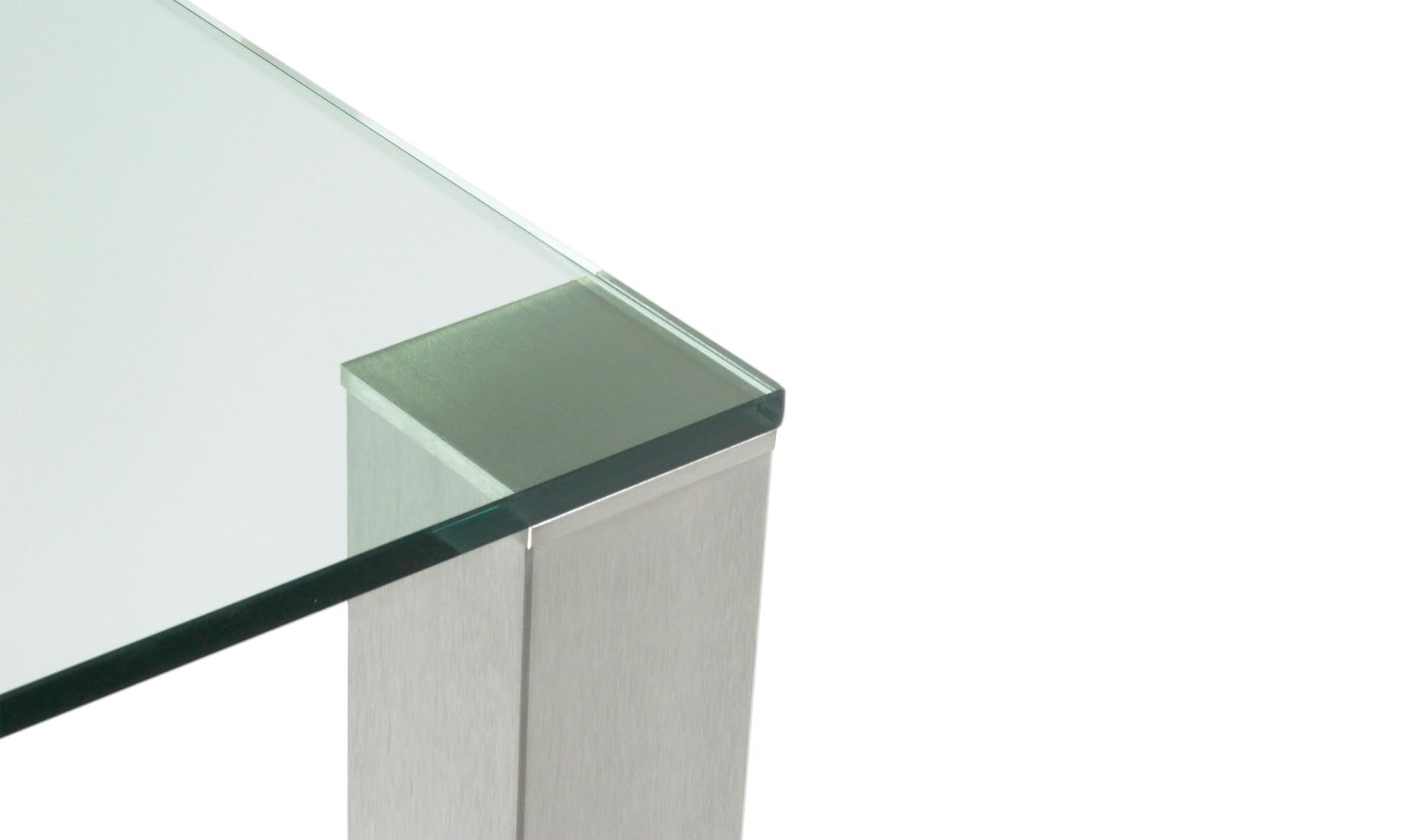Glastische, Esstische CUB-100-OUT Edelstahl gebürstet, Floatglas, Satinato Glas, helles Glas (Optiwhite)