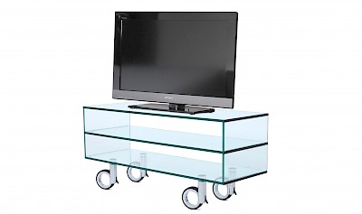 TV-Rack, Glas-Regal auf Rollen nach Maß - uv-verklebtes Floatglas, satiniertes, helles (Optiwhite), graues Glas (Rauchglas)