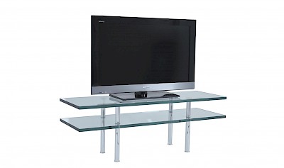 DUO-TV Glas-Regale, TV-Glas-Konsolen, TV-Glas-Racks, Glas-Sideboards nach Maß - Satinato Glas, weißes Glas (Optiwhite), Rauchglas