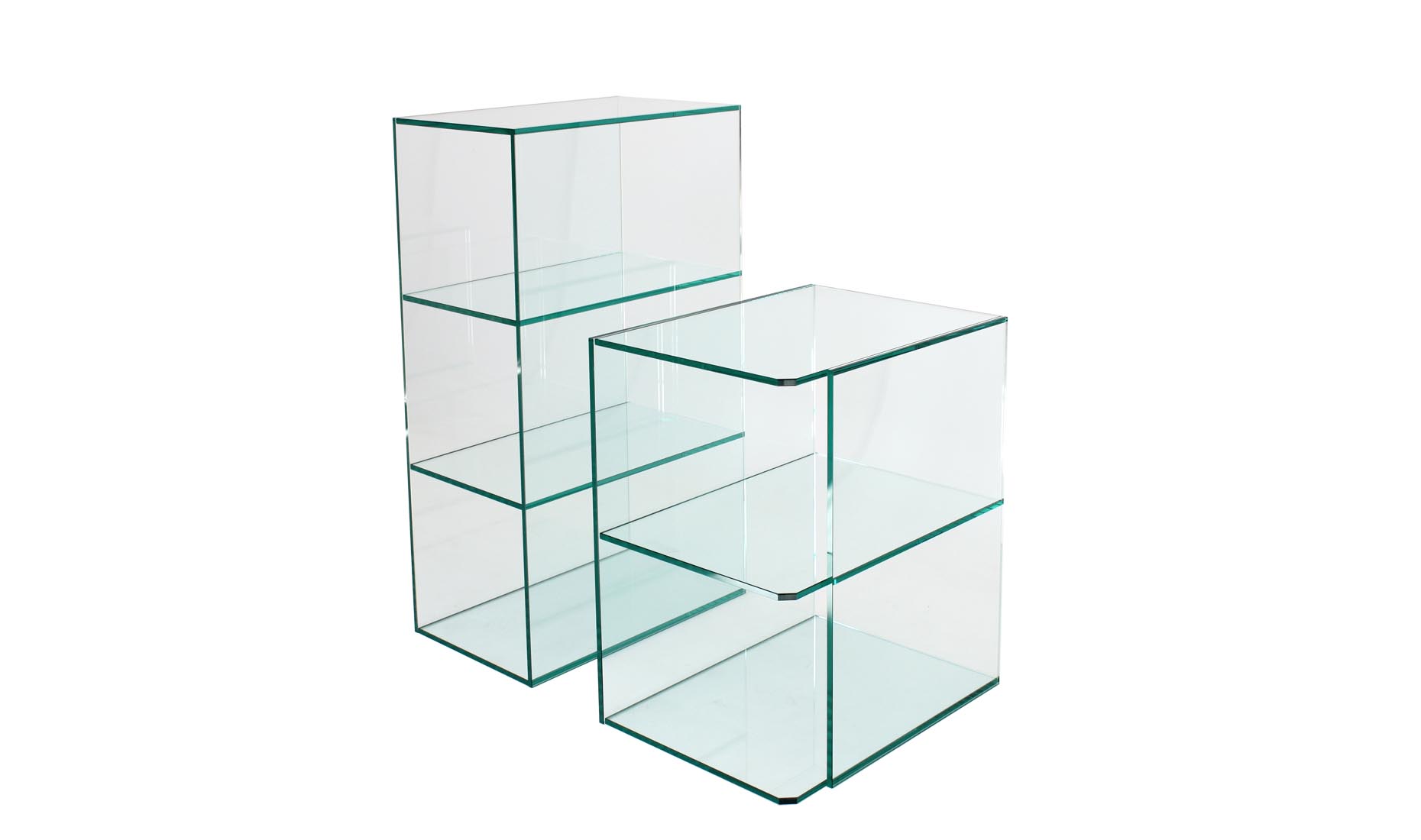 Glas-Regale - uv-verklebtes Floatglas, satiniertes, helles (Optiwhite), graues Glas (Rauchglas)
