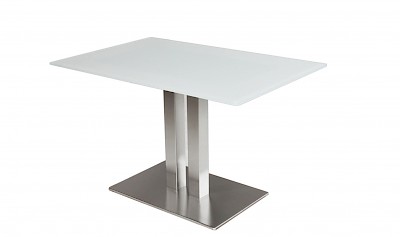 Glastisch mit 2 Säulen, Edelstahl gebürstet, Floatglas, Satinato Glas, helles Glas (Optiwhite)