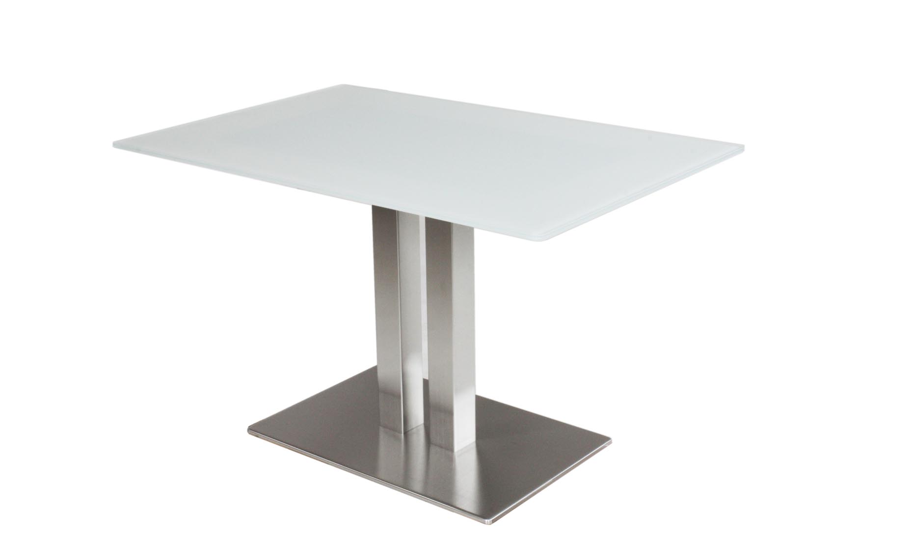 Glastisch mit 2 Säulen, Edelstahl gebürstet, Floatglas, Satinato Glas, helles Glas (Optiwhite)
