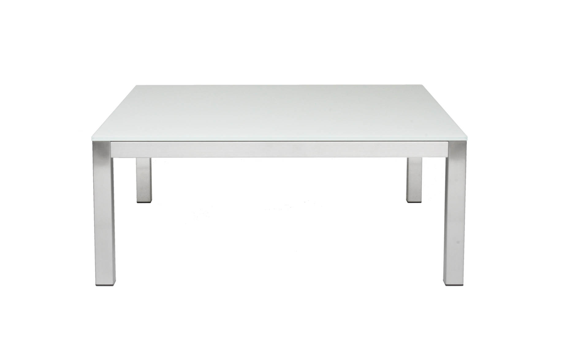Maßtisch mit Edelstahlrahmen und satinierter Optiwhite-Glasplatte