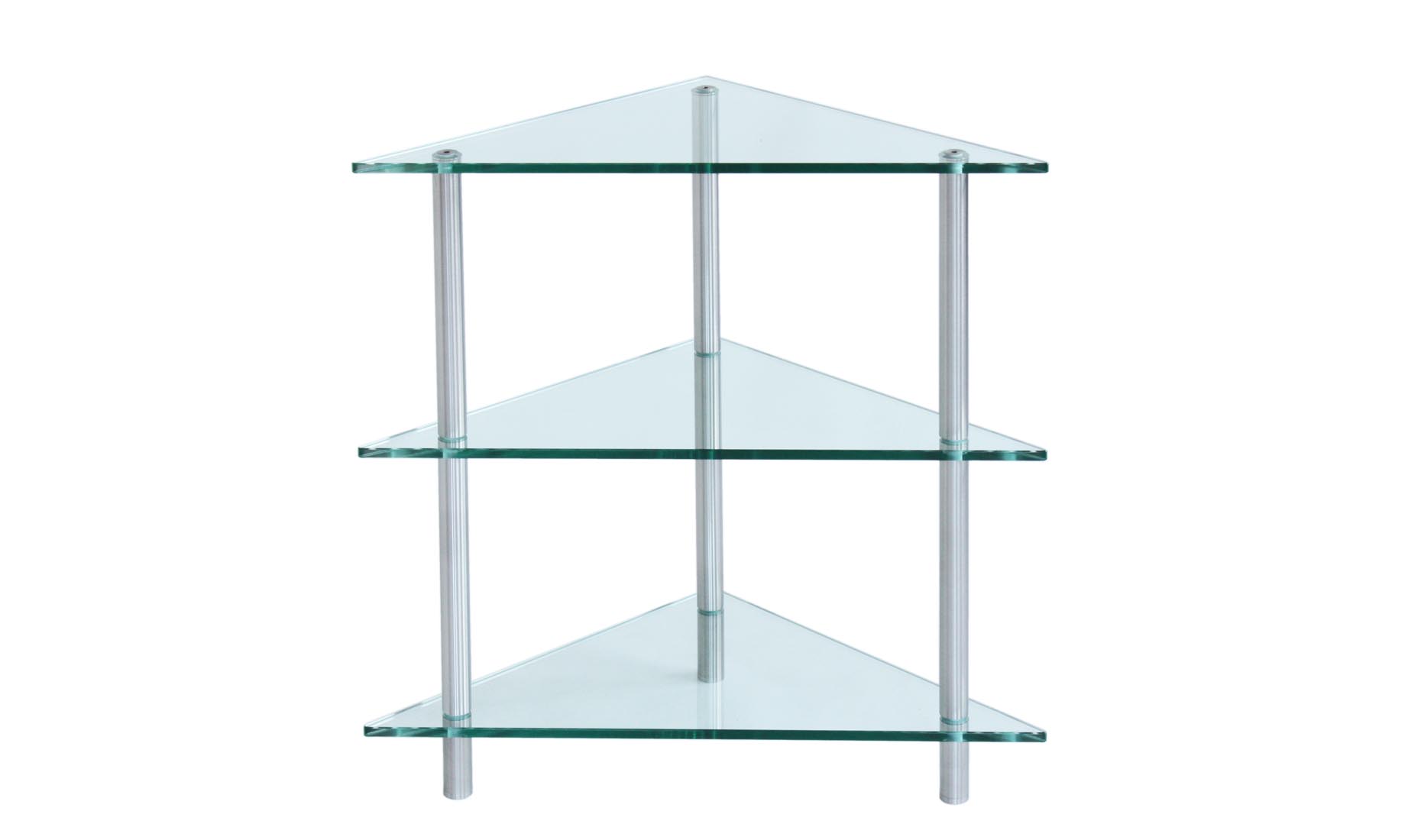 ETAGE-PUNKT-3B, Eck-Regal, Konsole aus Glas, Gestell - Edelstahl geschliffen, poliert