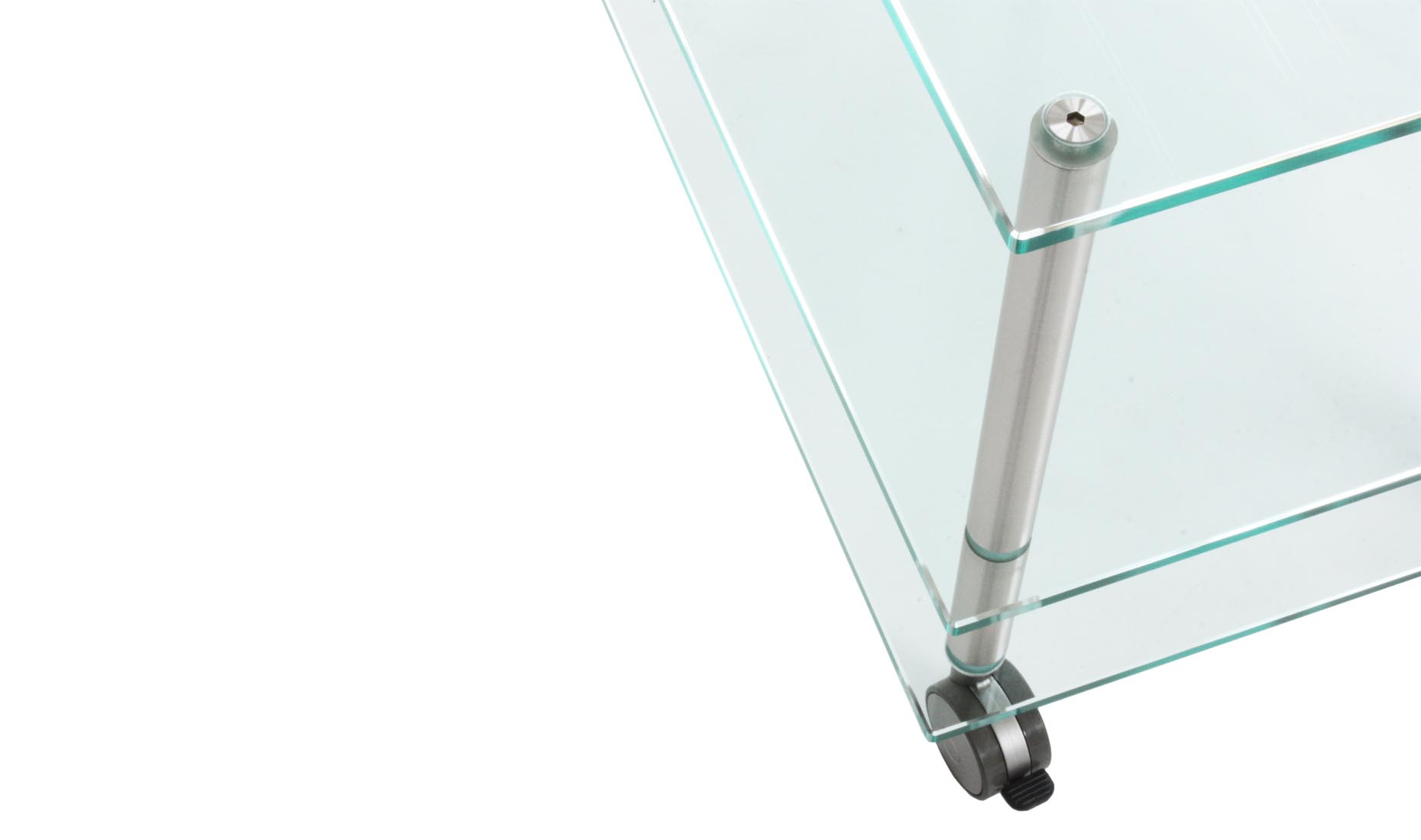 ETAGE-PUNKT-3B, verschraubt auf Rollen, Eck-Regal, Konsole aus Glas, Gestell - Edelstahl