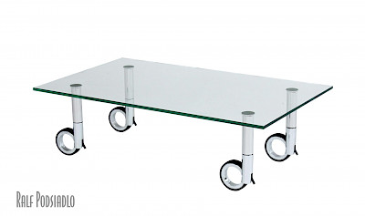 niedriger Design-Glastisch auf Maß, rollbar, Chrom/Edelstahl poliert/Glas-Optiwhite