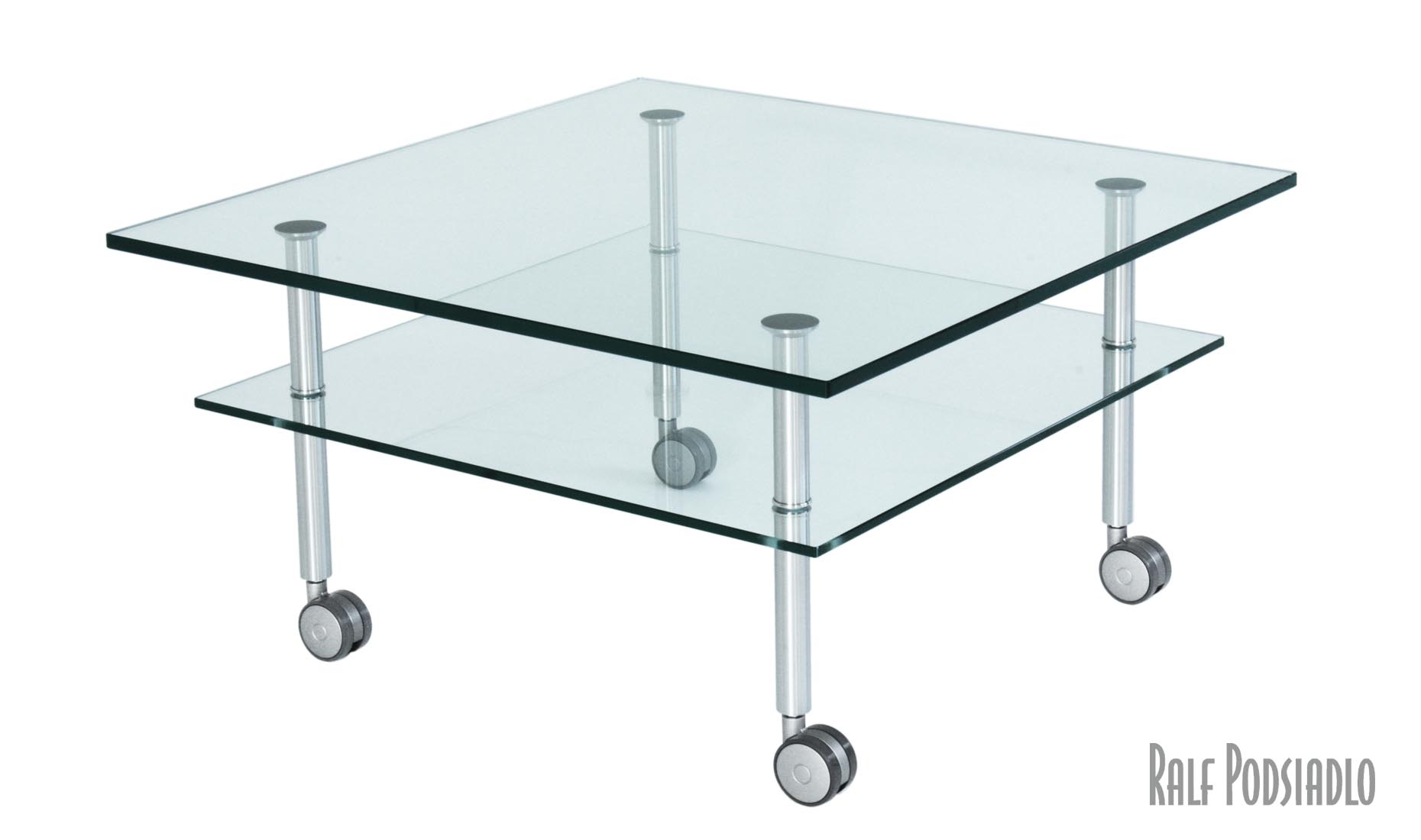 Couchtisch DUO rollbar - zwei Glasplatten, Edelstahl geschliffen