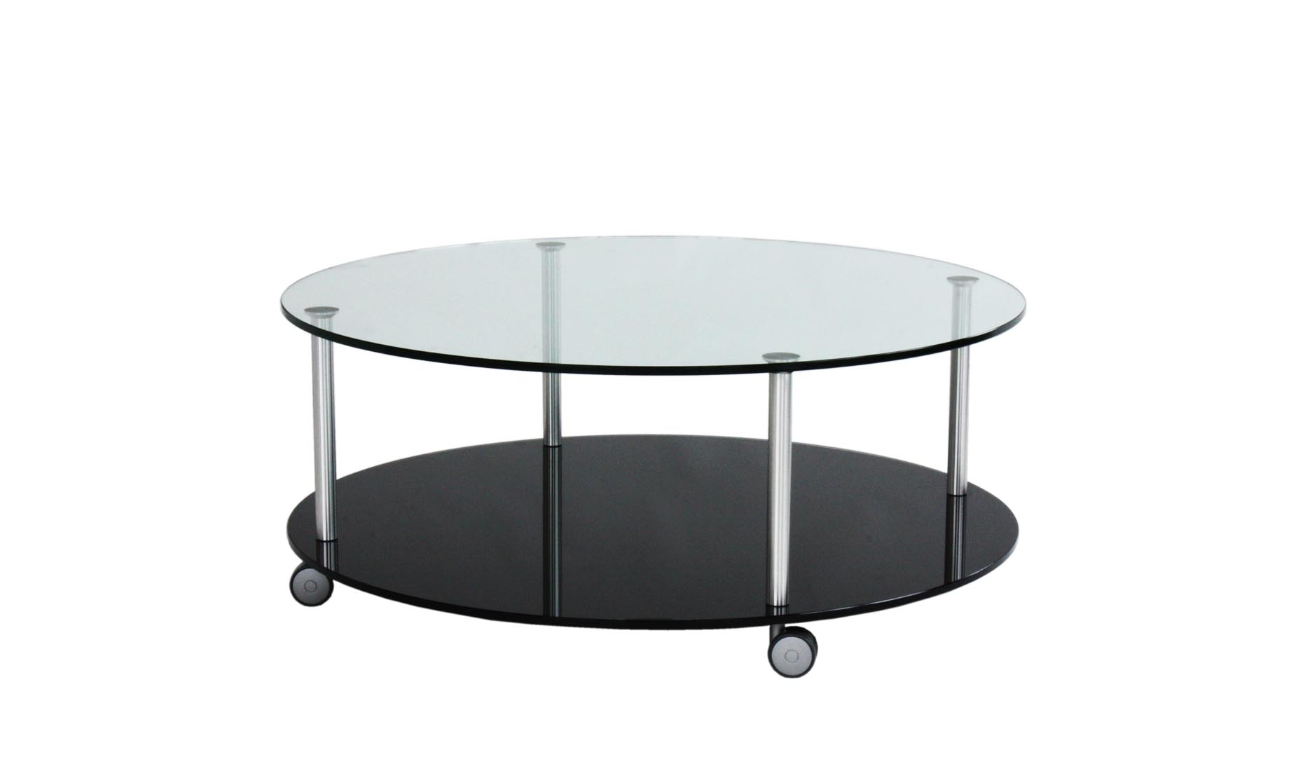runder Couchtisch aus Glas auf Rollen mit Glasablage