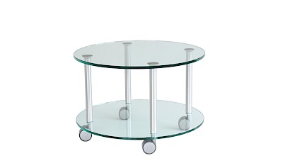 runder Servierwagen nach Maß aus Glas auf Rollen mit Ablage